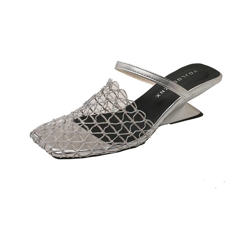 Fashion Niche Fishing Net Woven Hollow Sandals for Women In Summer 2025 New Style with Skirt Block Heel Square Toe Muller Semi-slippers