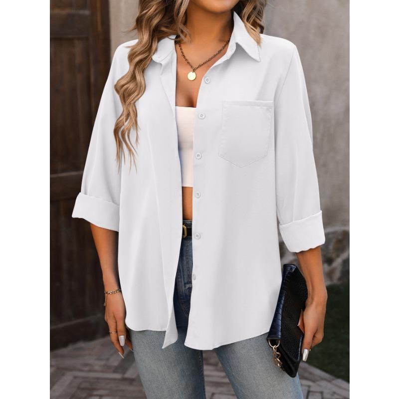 Women's Fashion Casual Spring Fall Solid Color Print Long Sleeve POLO Neck Blouses & Shirts
