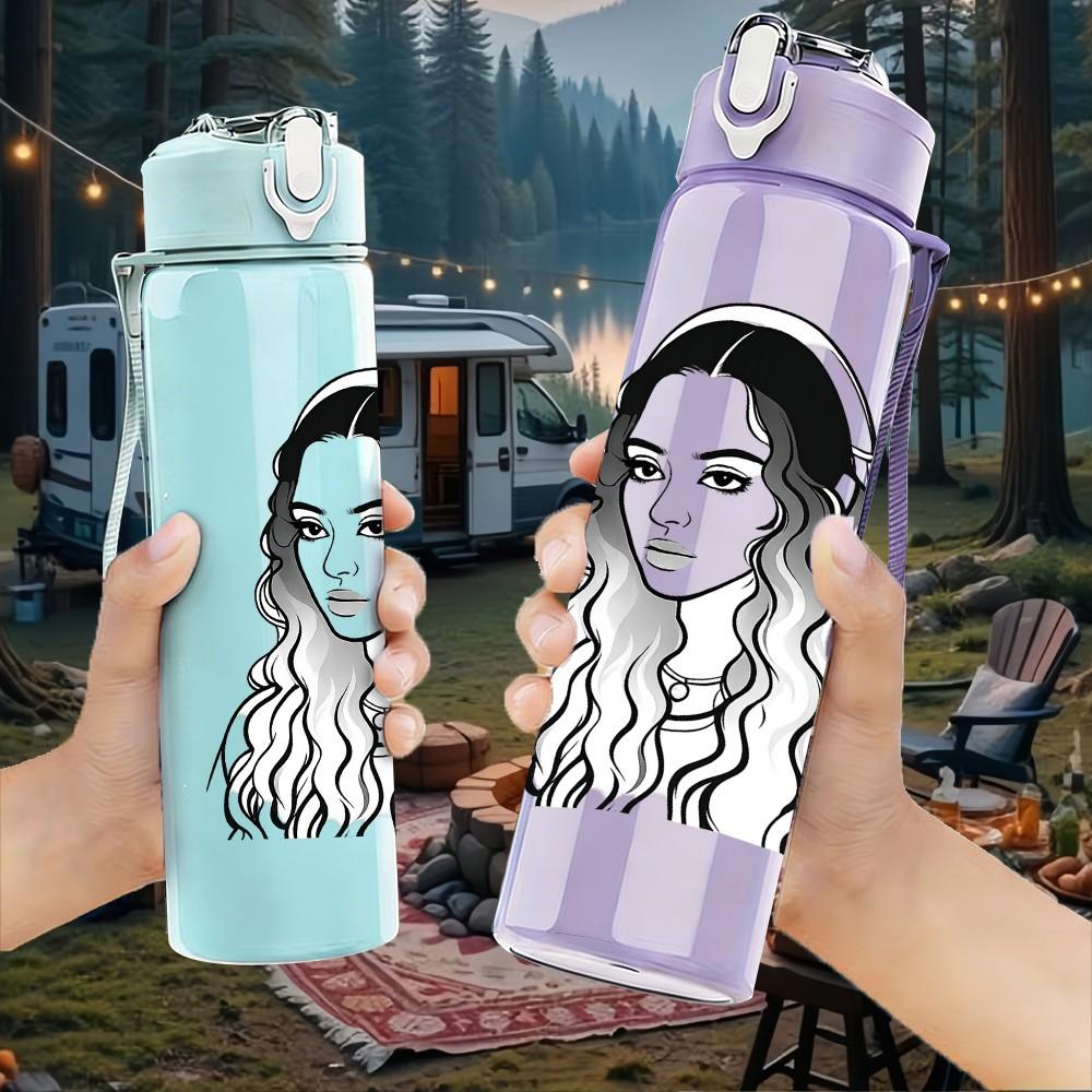 1PC Sketch Curly Hair Lady 750ml Color Plastic Sports Water Bottle Leakproof Flip Straw Lid Suitable for Sports Office Home Use
