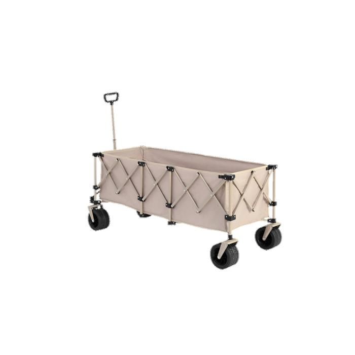 Chariot télescopique pliable, équipé de grands pneus tout-terrain adaptés aux plages de sable et d'un porte-boissons. Couleur beige.