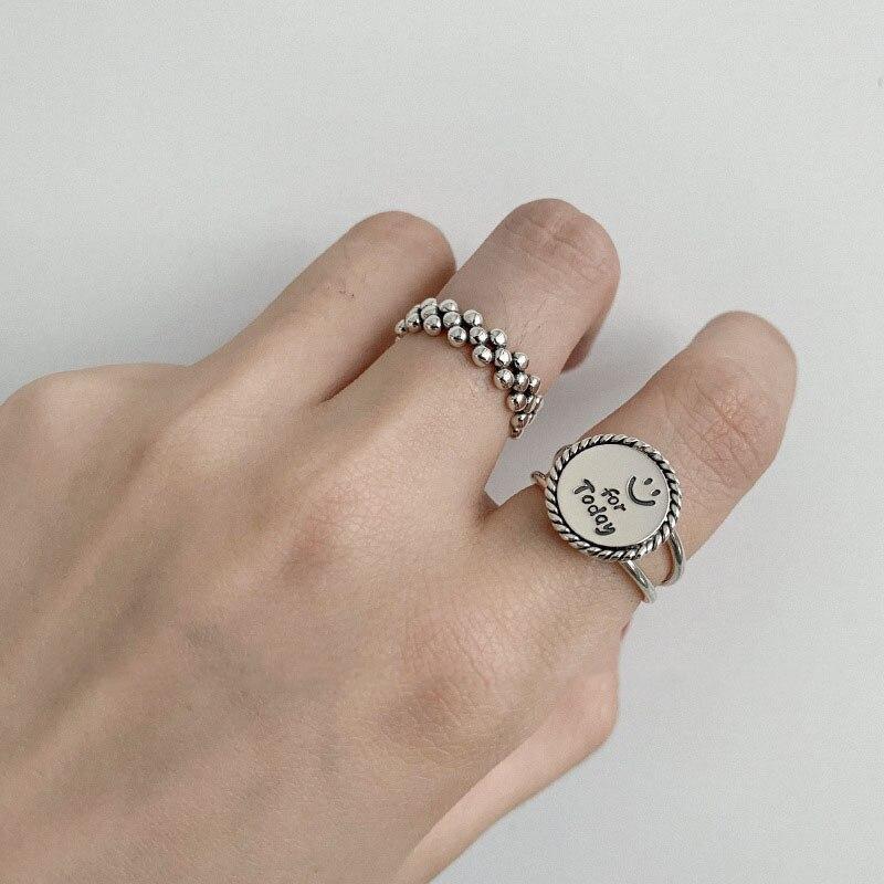 925 Sterling Silver Round Disc Letter Smiling Face Thai Silver Ring Roun Ball Open Ring For Women Jewelry Gift Wholesale S-R791