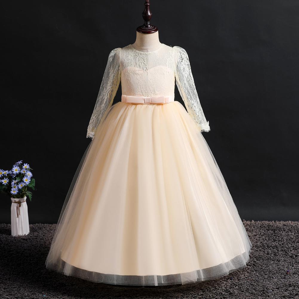 Girls' formal dress: long-sleeved lace puff-skirted princess dress for older children – perfect for emcees and performances