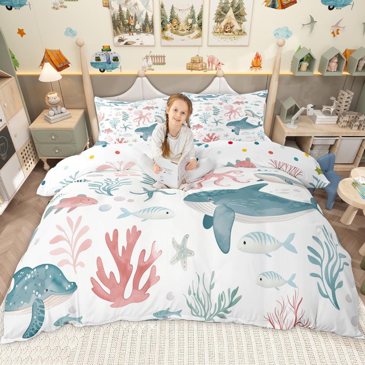 

Homewish Cartoon Ocean Animal Duvet Cover Set for Kids Boys Girls, Whale Octopus Starfish Bed Set, Sea Fish Crab Quilt Cover Set DE XS 100x135cm 2pcs&set