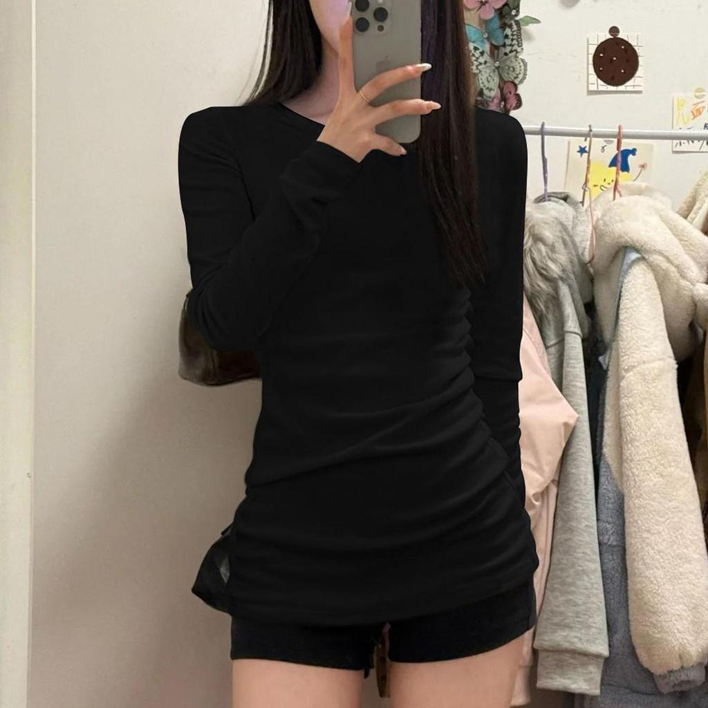 Women's White Mid-Length Long-Sleeve Slim-Fit Cotton Base Layer T-shirt, 2025 New Autumn/Winter Style
