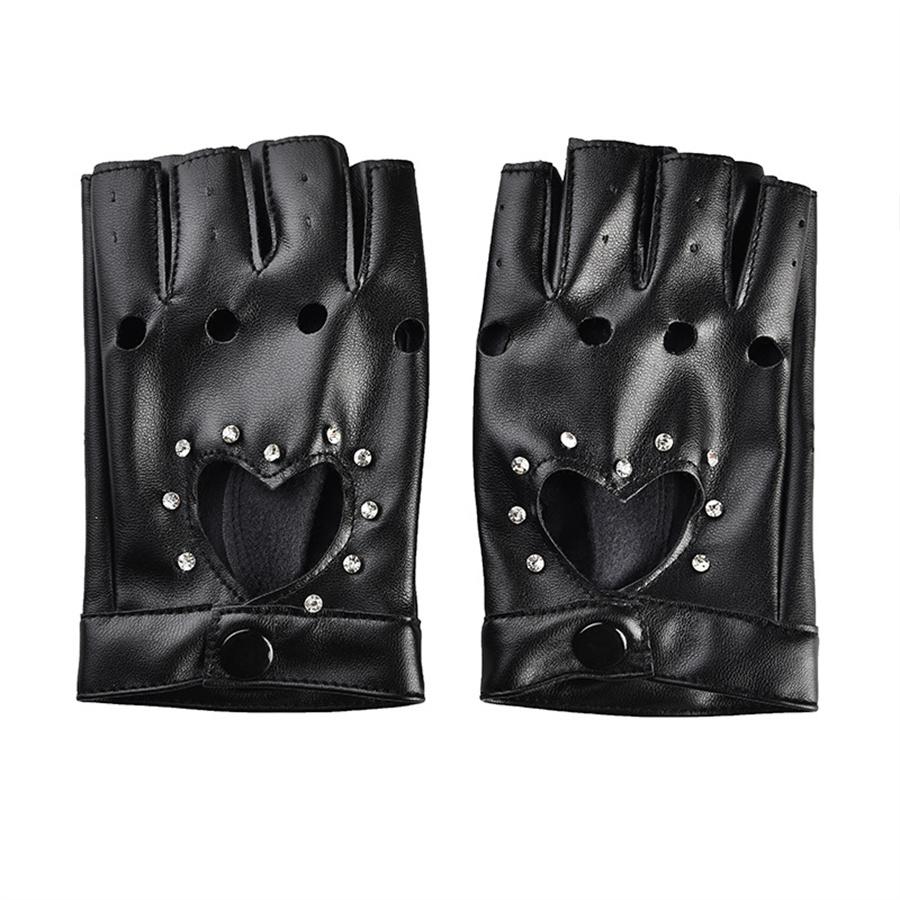 Women Heart Cutout Rhinestone Fingerless Gloves, Punk Faux Leather Half Finger Gloves for Dancing, Cosplay, Biking, Party, Performance