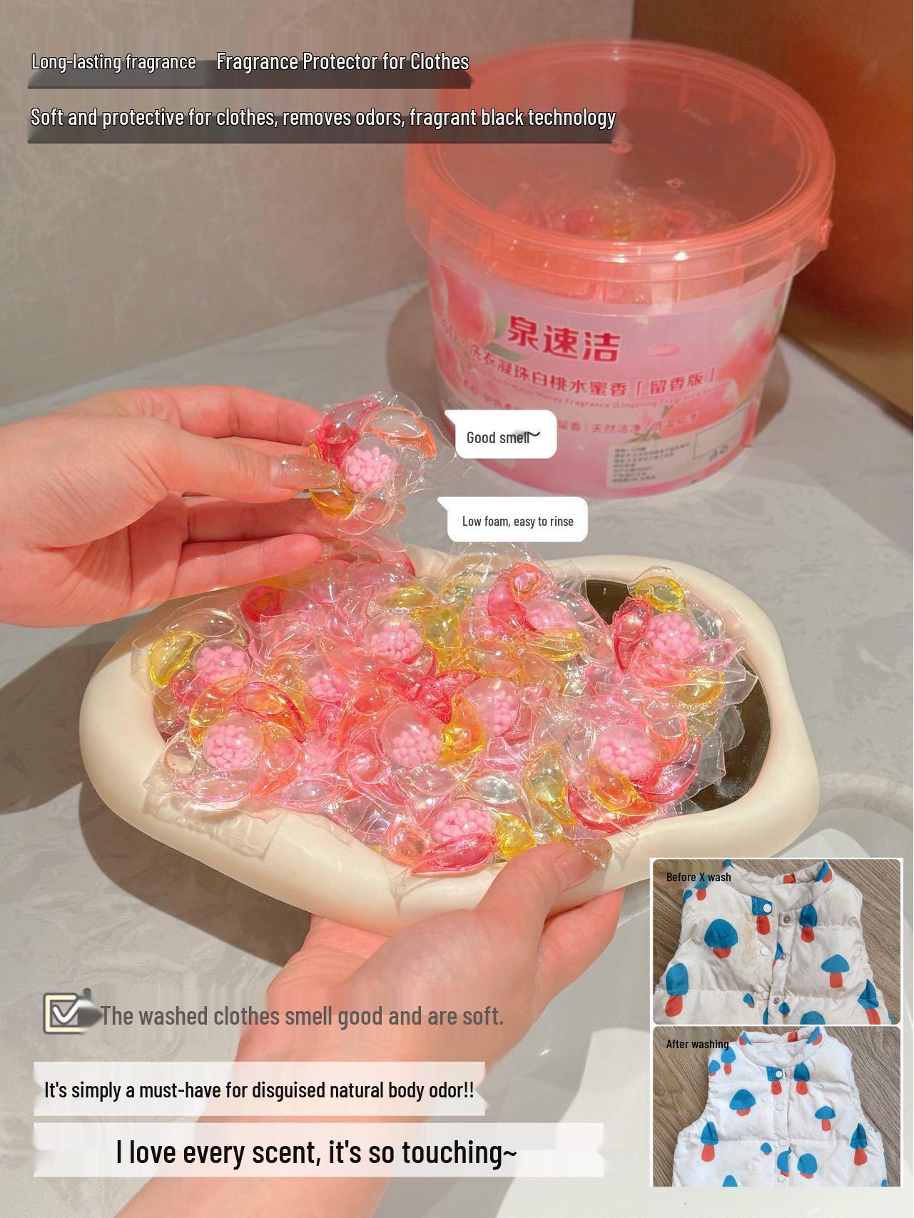

Капсулы для стирки Quansujie 6D - Аромат Белого Персика и Меда, Аромат Камелии, Мощное удаление пятен, Длительная свежесть - 70 капсул