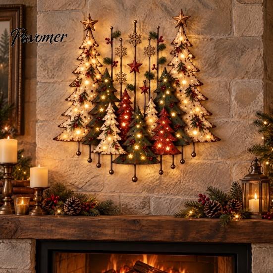 Indoor Festive Decor Lighted Wooden Christmas Tree Ornament, Rustic Holiday Wall Decoration with LED Living Room Light for Home Bedroom and