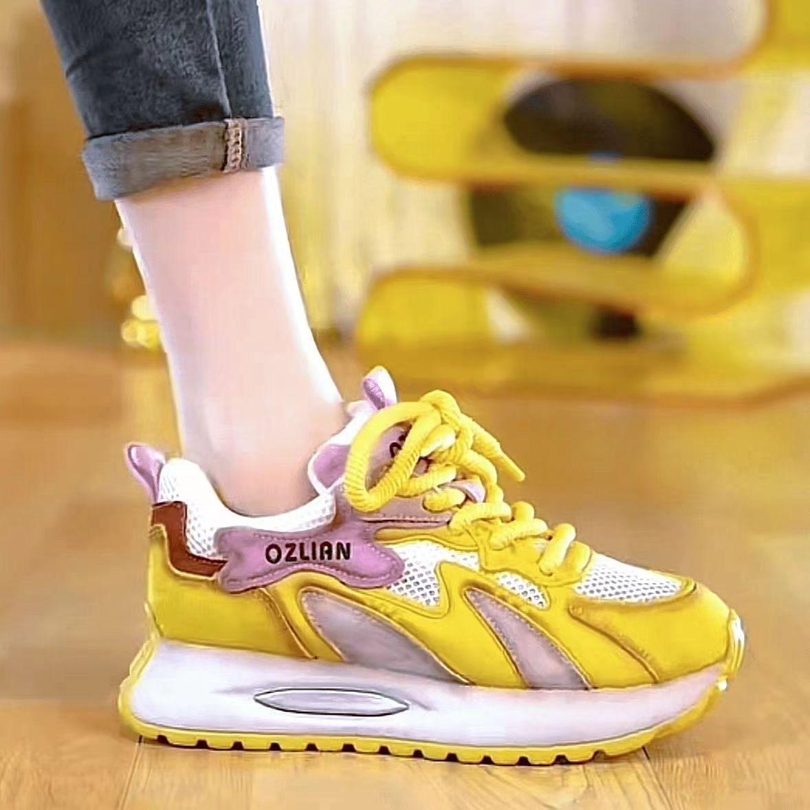 

Leather mesh breathable women s shoes platform heightening summer new versatile casual running sports shoes 35 жовтий