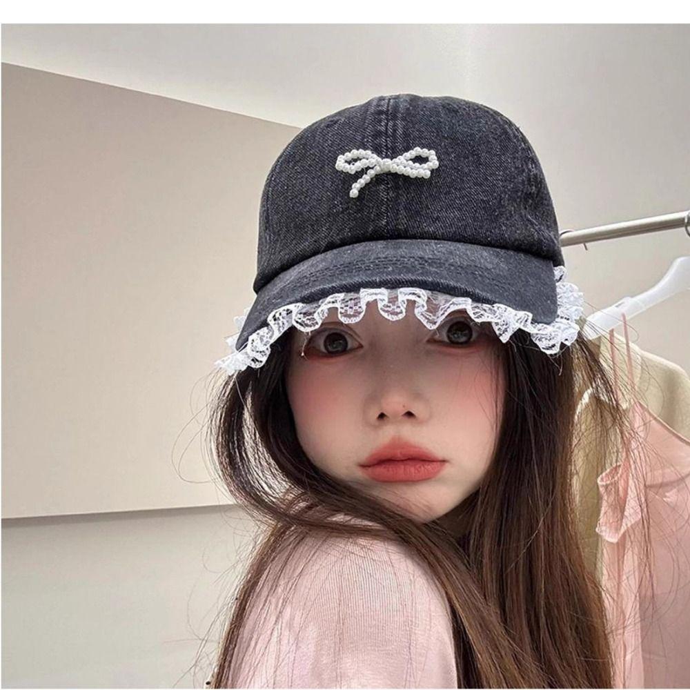 Lace Bow Baseball Cap Bowknot Denim Hat Apparel Accessories Bowknot Baseball Hat  Women