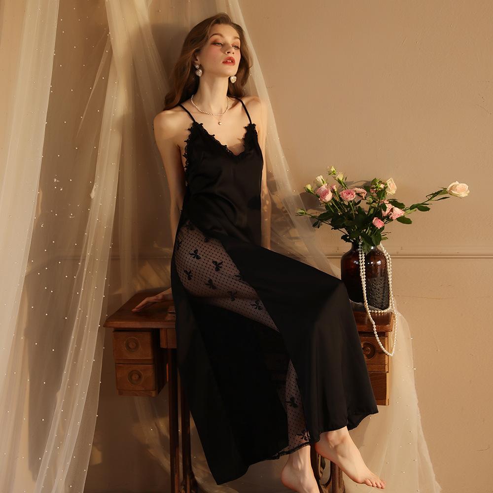 Fairy Style Elegant Lace Nightgown Deep V Built-in Bra Backless Crisscross Lace-Up Loungewear 420 Dreamy Supportive Sleepwear for Romantic Evenings