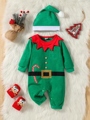 2025 Autumn/Winter Newborn Christmas Bodysuit & Hat Set - Long Sleeve Romper for Babies