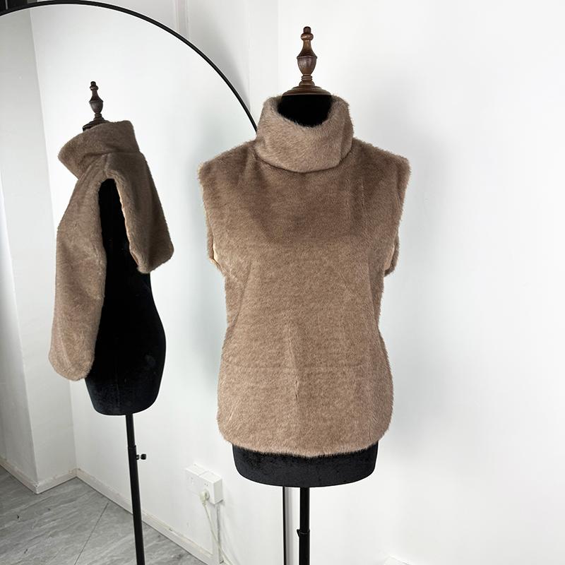 Fashion Faux Fur Sable Vest Crop Top Autumn Winter Turtleneck Eco Mink Fur Tank Tops Sleeveless Jacket Coat