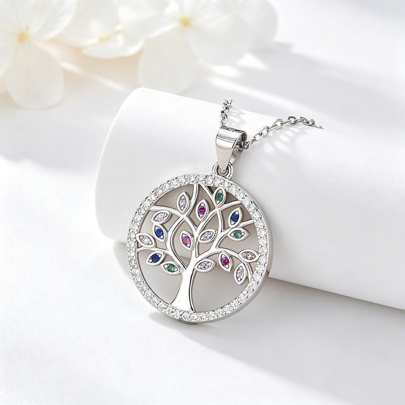 Geometric Tree Of Life Pendant Necklace Women Sterling Minimalist Locket Chain Jewelry