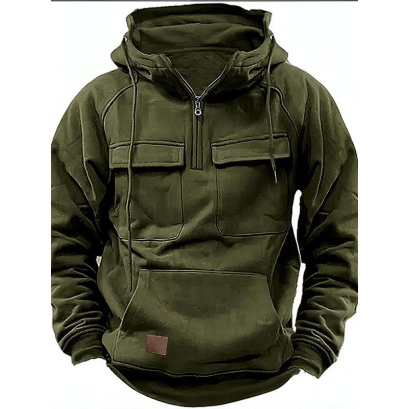 Men's Hooded Solid Color Multi-Pocket Leather Patch Sweatshirt - European & American Style, Spring/Fall Collection.