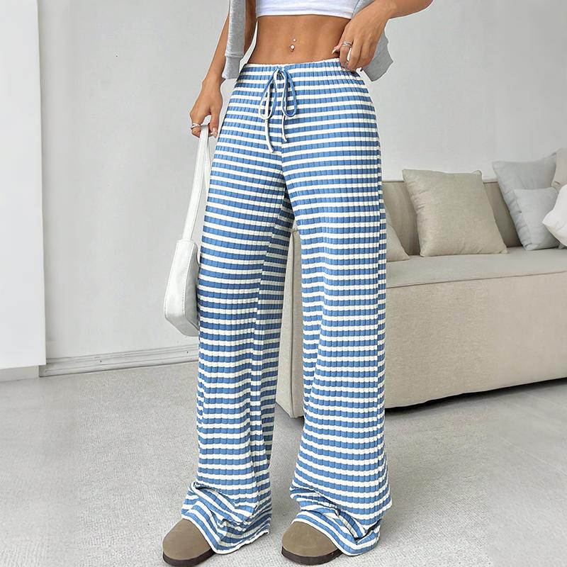 Women Spring Summer Casual Sport Drawstring High-Waisted Stripedd Straight-leg Pants