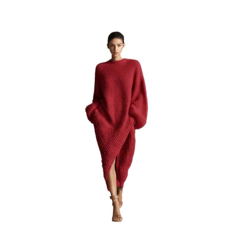AA Europe and America 2026 autumn and winter new round neck loose split temperament women's clothing medium and long dress