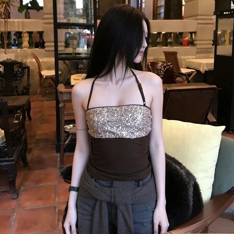 European and American winter fashion new simple slim splicing sequins neck sleeveless trendy top women's clothing