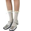 Student Elegant Hollowed Out Lace Ruffle Frilly Socks Women Japanese Style Middle Tube Calf Socks with Ribbon Bowknot