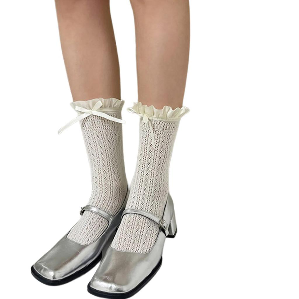Student Elegant Hollowed Out Lace Ruffle Frilly Socks Women Japanese Style Middle Tube Calf Socks with Ribbon Bowknot