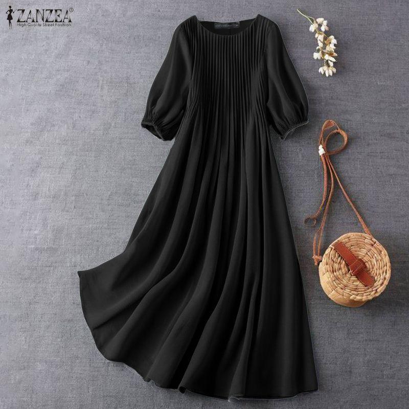 ZANZEA Women Casual Round Neck Summer 3/4 Sleeve Loose Dress