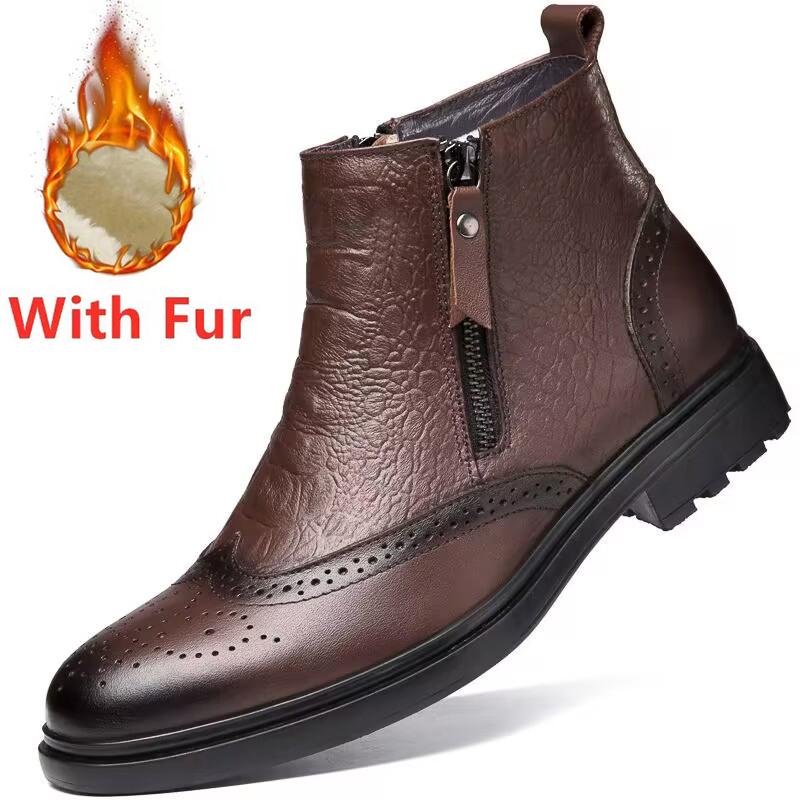 Fashion High Quality Genuine Leather Men Chelsea Boots Luxury Brand Brogue Shoes Fashion Casual Warm Plush Ankle Boots Snow Basic Boots