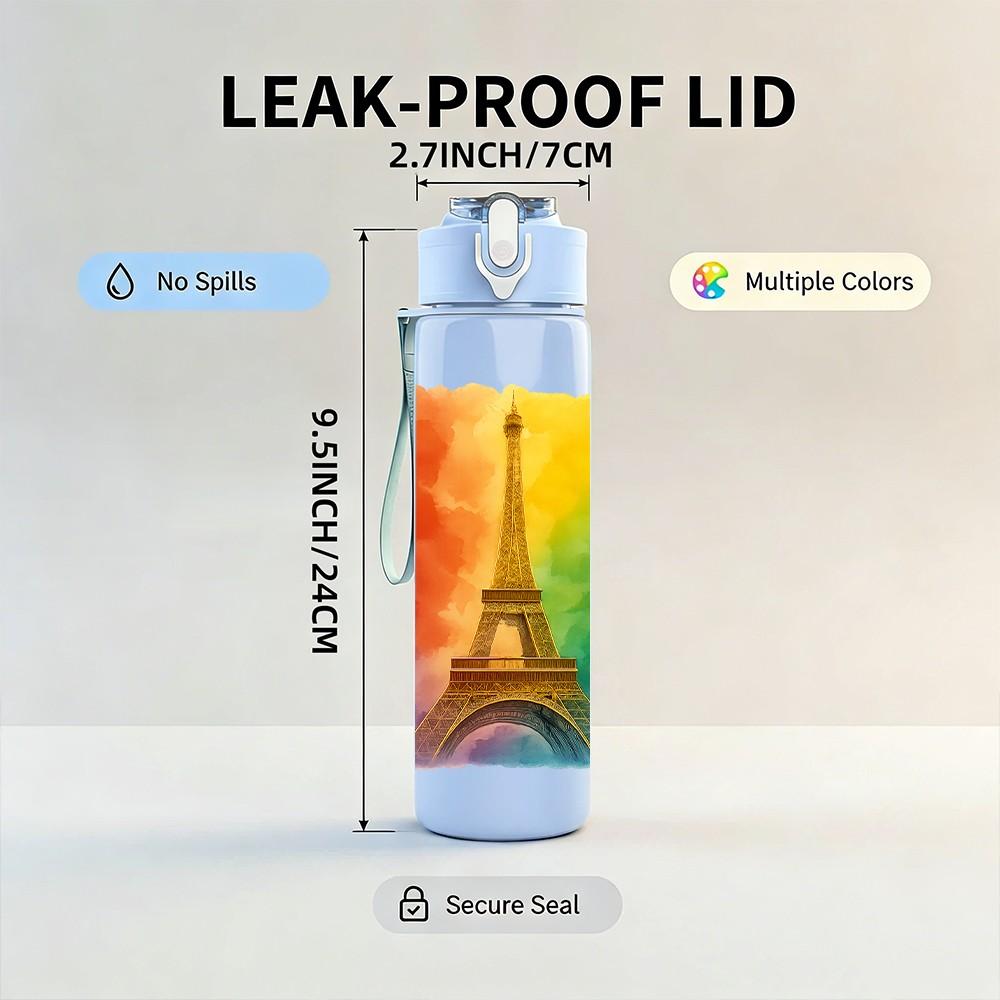 1PC Rainbow Eiffel Tower 750ml Color Plastic Sports Water Bottle Leakproof Flip Straw Lid Suitable for Sports Office Home Use