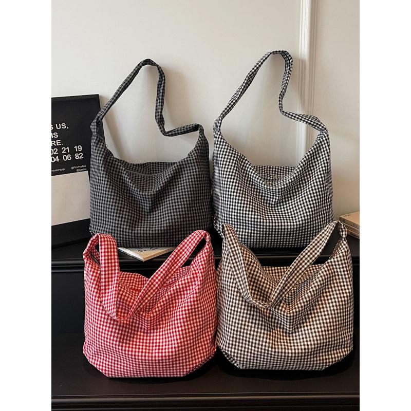 Retro-karierte Leinwandtasche im koreanischen Stil für Damen, Schultertasche mit großem Fassungsvermögen, leichte und vielseitige Tragetasche, Crossbody-Tasche für Studenten