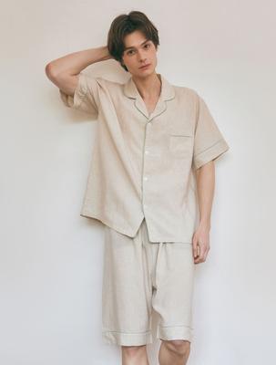 [LUNALUZ STUDIO] Men's Objet Linen Cotton Short Sleeve Collar Two-Piece Pajamas [Shipped from Korea] 100% Authentic