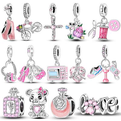 925 Silver Bear Pink Beads Charms DIY Jewelry Gift For Women Fit Bangle Bracelet Pendants LOVE Bike Dance Shoe