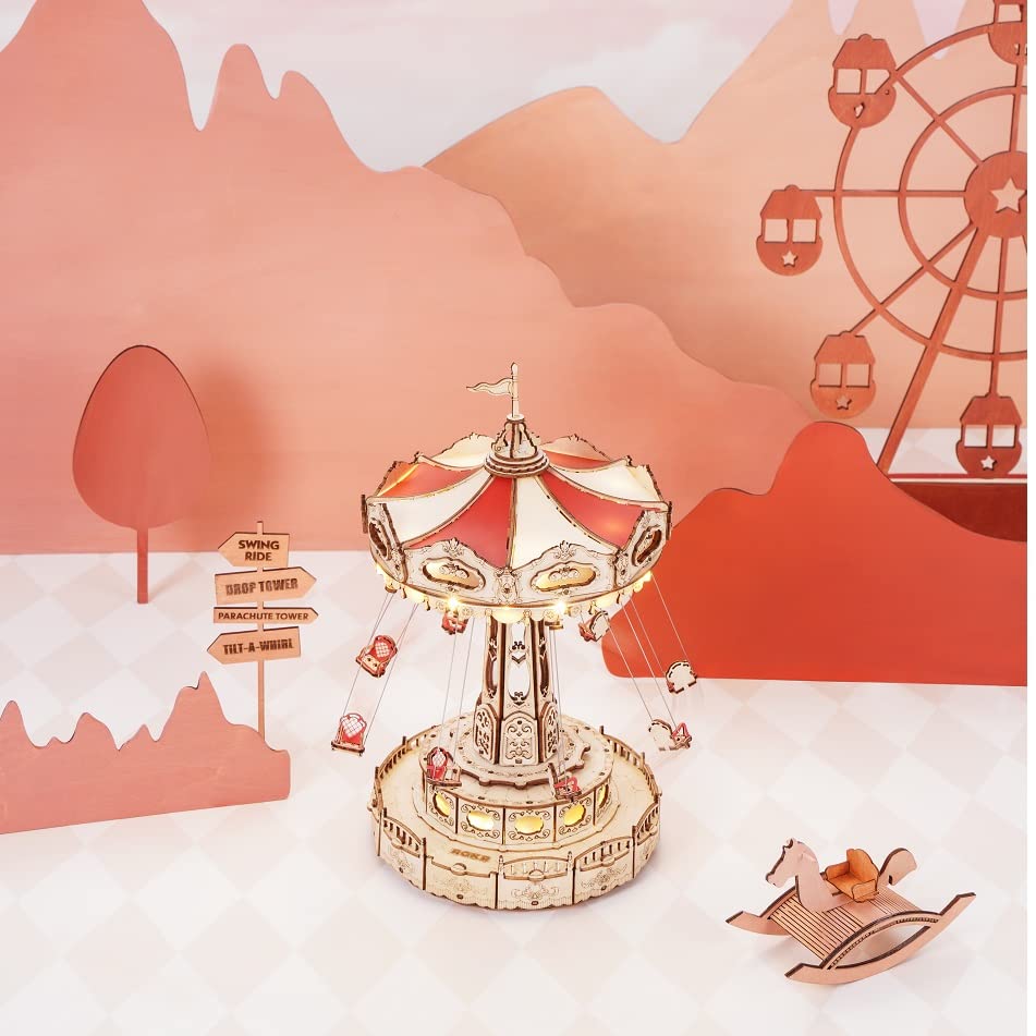 Tsukurundesu Anshin 3D Wooden Puzzle Amusement Park Series (Swing Ride) Swing, Spinning Attraction, Miniature, Lights Up, Spins, Includes Japanese