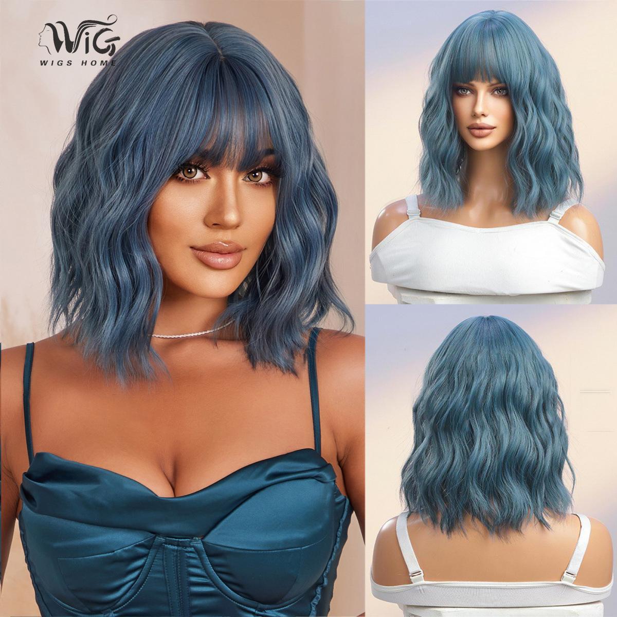 

Женский искусственный парик, 42 см, синий парик, короткий парик с завитками, полное покрытие головы, розовая сетка для волос, головные уборы, украшение для красоты, парик