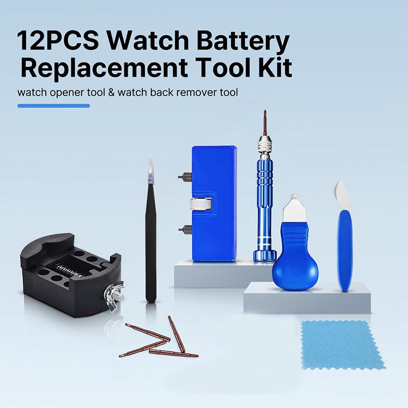 12-Piece Watch Repair Kit: Case Opener, Repair Stand, Fixing Stand, Rear Cover Tool Combination Set.