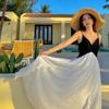 French Holiday Style Black and White Color Matching Suspender Dress Female Summer Waist and Thin Temperament Elegant Medium and Long Fairy Dress
