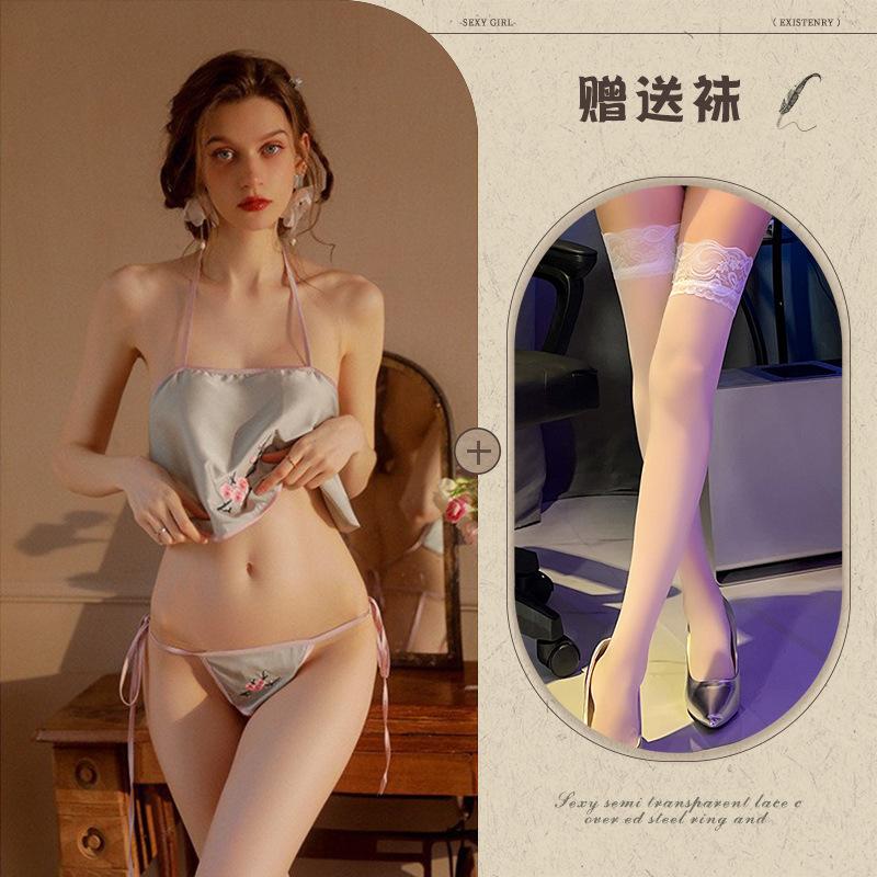 Sexy Dessous Retro Bauchtasche Bestickte Schnürung Verführung Damen Uniform Set Flirt Lingerie