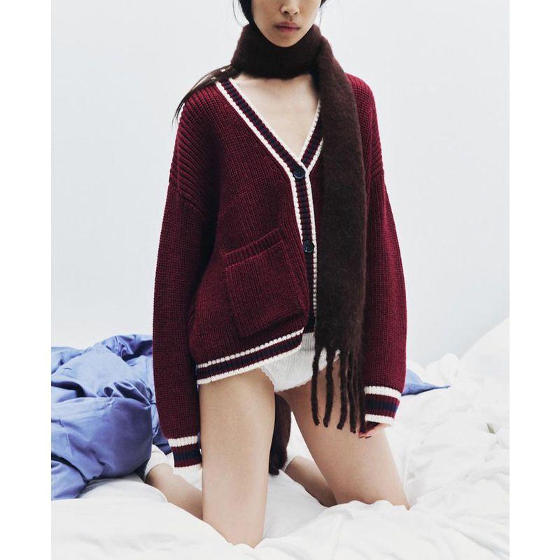 Fall and Winter New Women's Clothing Preppy Style Contrast Ribbon Trim V-neck Long Sleeves Knitting Cardigan Outwear 6771154