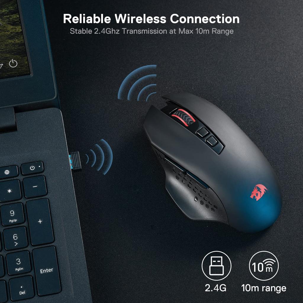 Redragon M656 Gainer Wireless Gaming 4000 DPI 7 programmable Red LED dedicated software Black Mouse, 2.4GHz, DPI, 5-level adjustment, buttons,