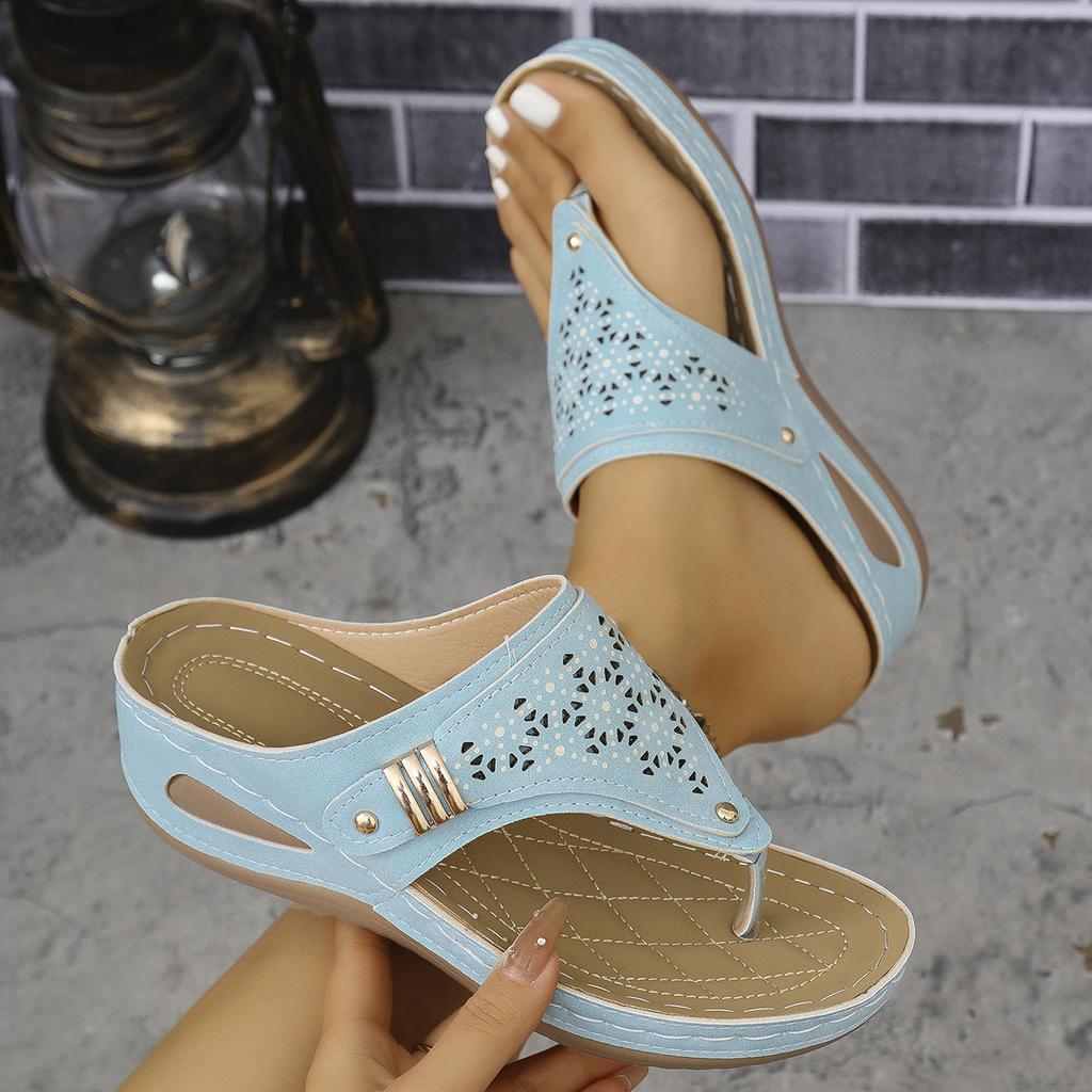 Women's Cutout Thong Sandals, Stitched Detail Wedge Slippers, Retro Platform Outdoor Slides for Women