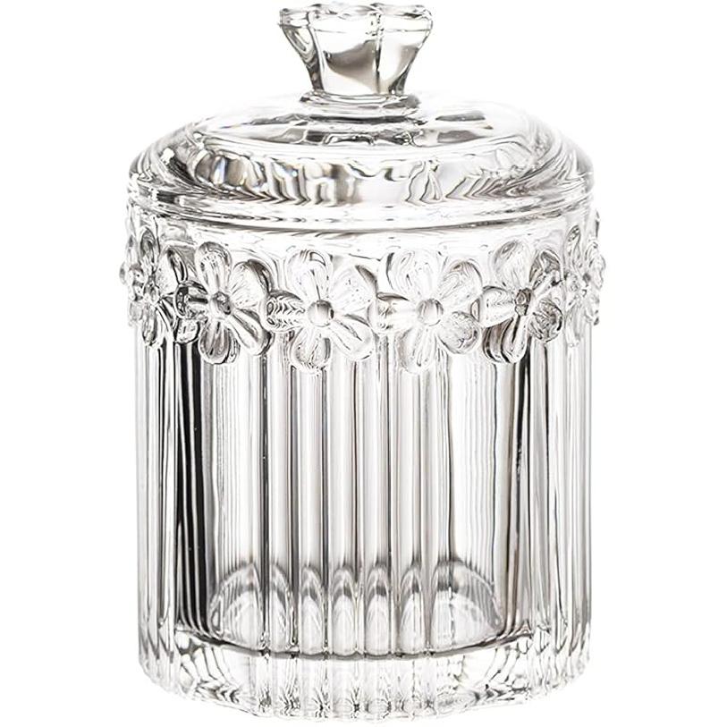 Floral Crystal Glass Relief Flower Candy Dish Swab Box Storage Jar with Lid, 5x3.5 Inches, 8 Oz, 1 Count