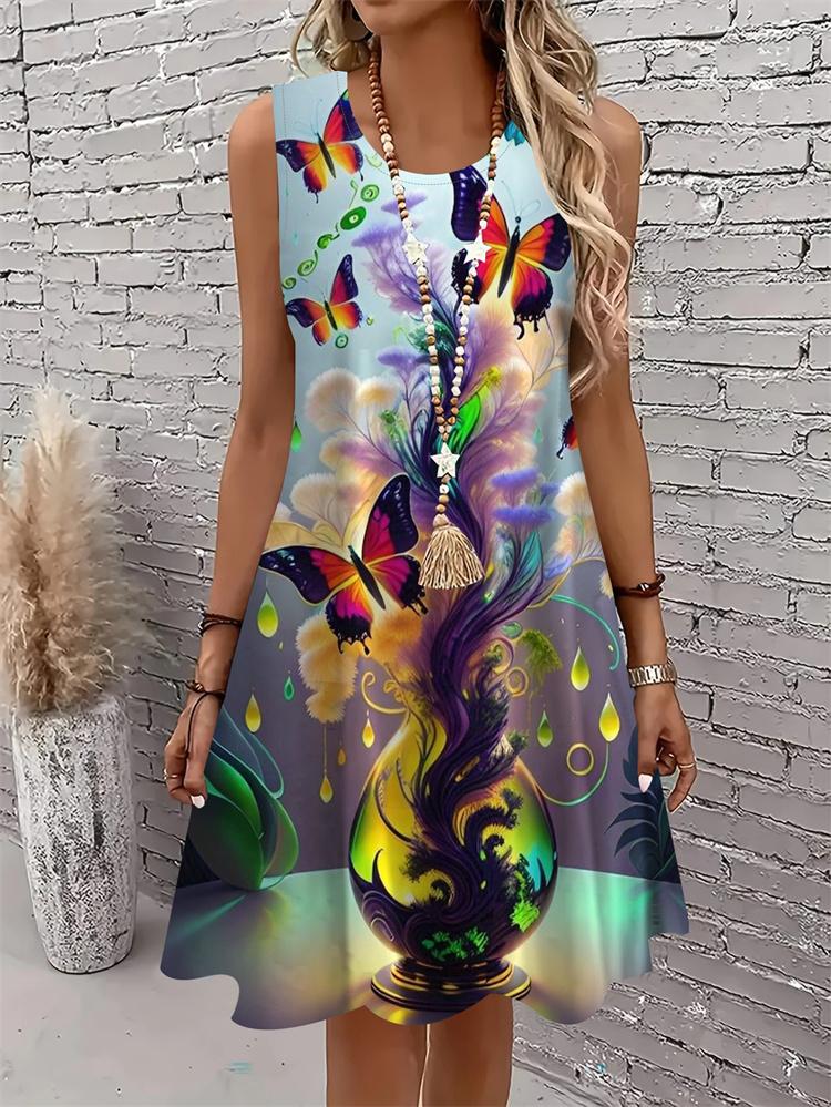 Casual Women Tank Dress Summer Sleeveless O-Neck 3D Print Loose A-Line Dress Beach Vest Dress