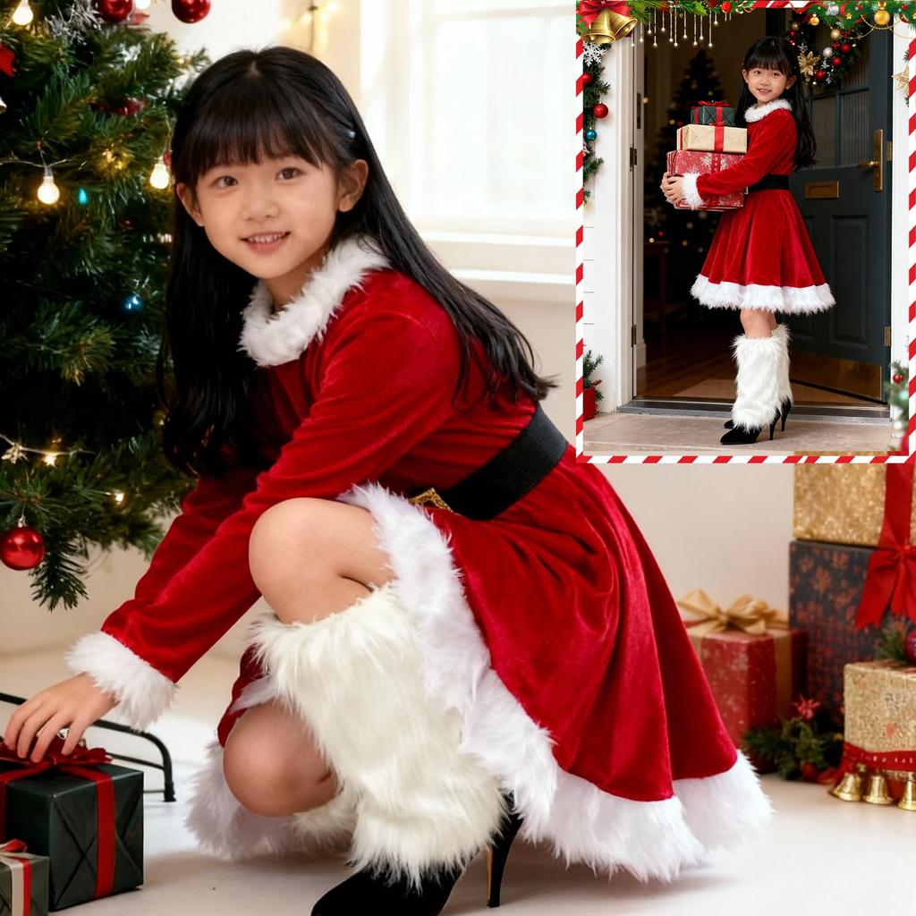 Maazusa Children's Santa Claus Costume, Red Skirt with Santa Hat, Perfect for Girls, Perfect for Christmas, Family Parties, or as a Gift
