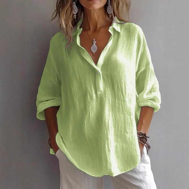 Women's Top Solid Color Casual Loose Long Sleeved Linen V-neck Shirt