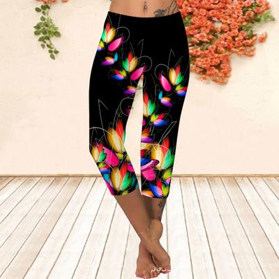 Kalhoty Léto Krátké Legíny Oříznuté Skinny Kalhoty Legíny velké velikosti Dámské Tenké 3D barevné listy s potiskem Kalhoty