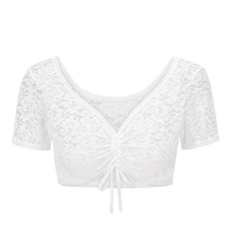 

Summer Design New European and American Style Solid Color Lace Short-Sleeve Sheer Deep V-Neck Sexy Top with Hollow-Out Short Lace-Up Blouse White S