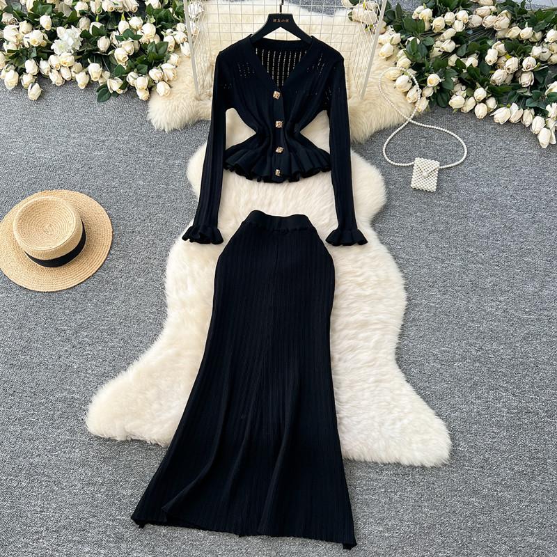 Dvoudílný business set dámské outfity tunika s dlouhým rukávem zkrácený kardigan sukně s vysokým pasem bodycon rybí ocas oblek módní pletený svetrový oblek