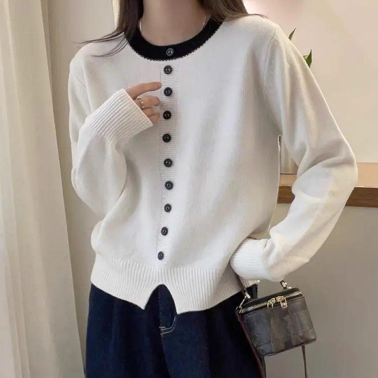 Single-breasted Knitted Sweater for Women Korean-style Round-neck Sweater Loose and Fashionable Long-sleeved Pullover for Women In Autumn and Winter