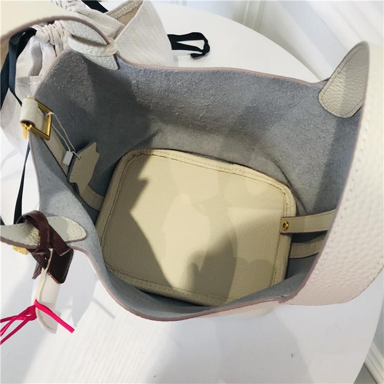 2024 Cowhide Lychee Pattern Vegetable Basket with Gold Hardware and Button - Mother-and-Child Bucket Handbag