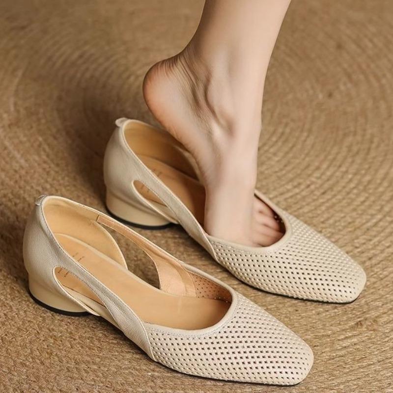 Fashion Designer Mesh Mid Heels Sandals Women's Square Toe Heeled Shoes 2025 Summer Fad Shallow Chunky Pumps Elegant Dress Mujer Zapatos