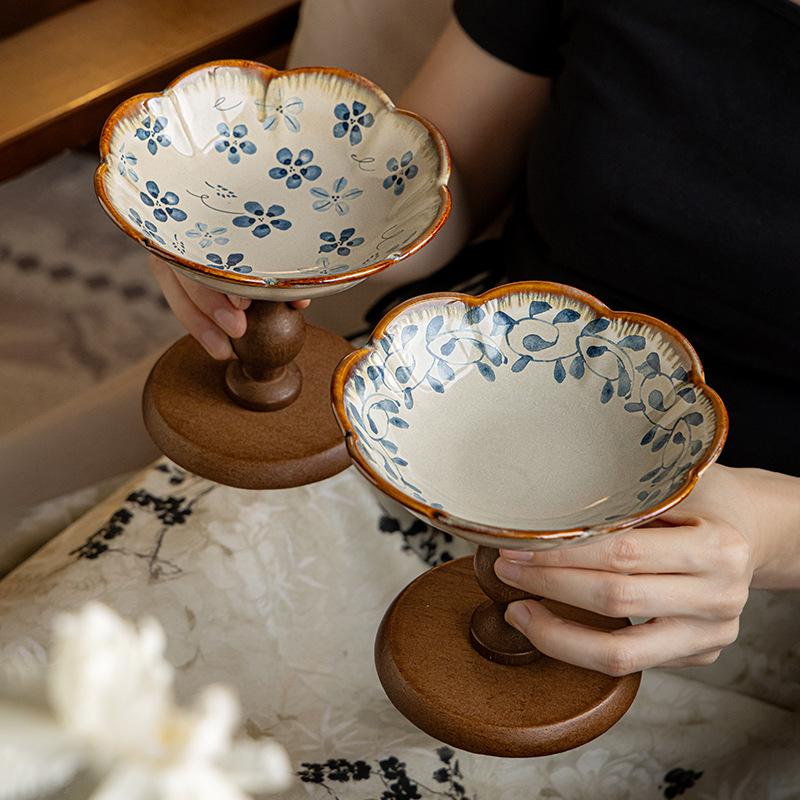 High-Value Fruit Plate Wooden High-Footed Fruit Plate Ceramic Pastry Plate Snack Tray Entrance Ornament Export
