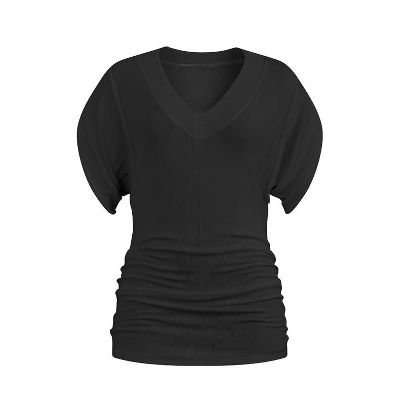 Lazy wind loose V-neck short-sleeved T-shirt women's large size bottoming shirt bat-sleeved blouse waist versatile solid color top