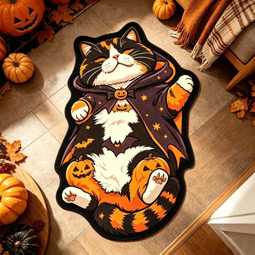 Halloween Carpet Halloween Wizard Orange Cat Irregular Bath Mat Non Slip Water Absorbent Bedroom Entrance Holiday Home Decor Rug